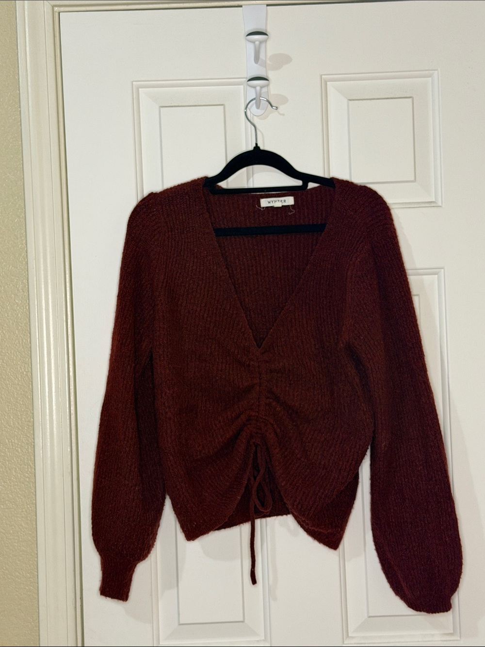 Deep Burgundy V-Neck Ruched Drawstring Sweater